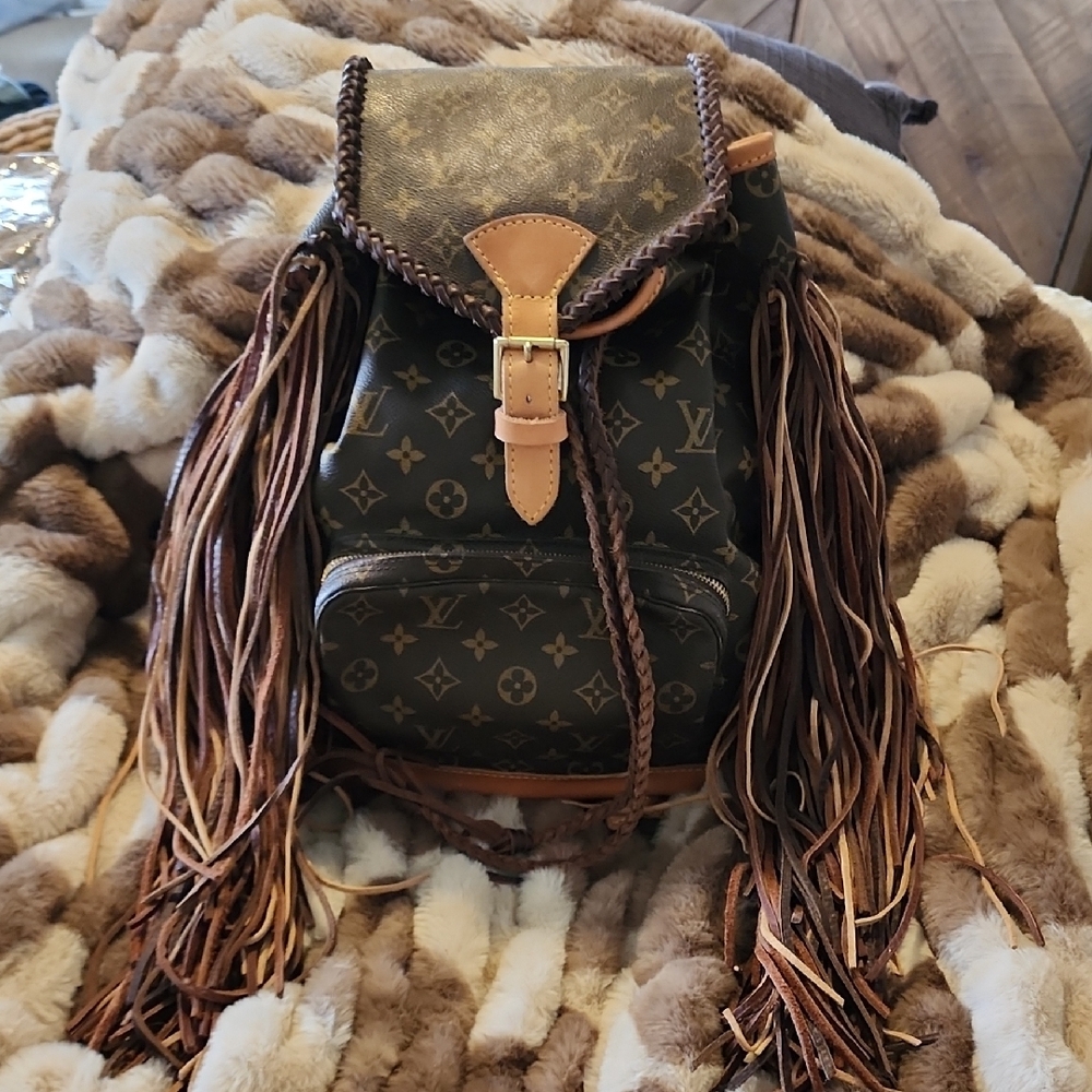 Vintage Boho Revamped Louis Vuitton Monogram Brown and Tan Backpack With Fringe